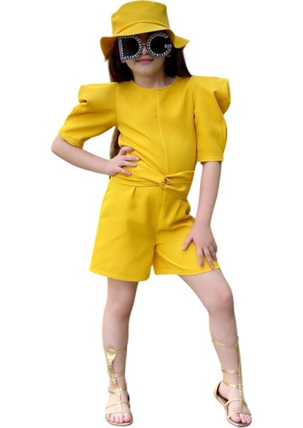Kız Çocuk Bisiklet Yaka Yarım Kol Bel Bağlama Detaylı Sarı Şortlu Tulum indirimleri