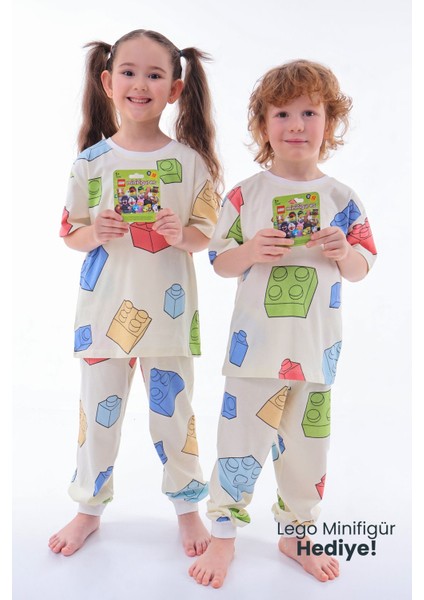 Renk Blokları Desenli Çocuk Pijama Takımı Minifigür !