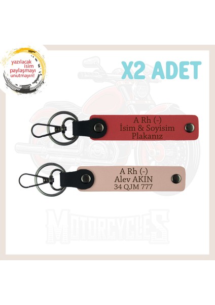 Nar Çiçeği-Yavruağzı, Motosikletçi Için, Isim Plaka ve A Rh (-) Kan Grubu Yazılı 2'li Anahtarlık Set
