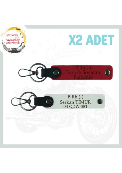Kırmızı-Bordo, Isim Plaka ve B Rh (-) Kan Grubu Yazılı Kişiselleştirilmiş 2'li Anahtarlık Set