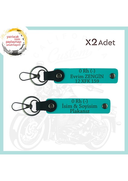 Koyu Turkuaz, Yol Arkadaşlarına, Isim Plaka ve 0 Rh (-) Kan Grubu Yazılı Kişiye Özel 2'li Anahtarlık
