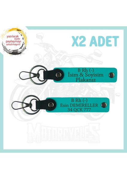Koyu Turkuaz, Yol Arkadaşlarına, Isim Plaka ve B Rh (-) Kan Grubu Yazılı Kişiye Özel 2'li Anahtarlık