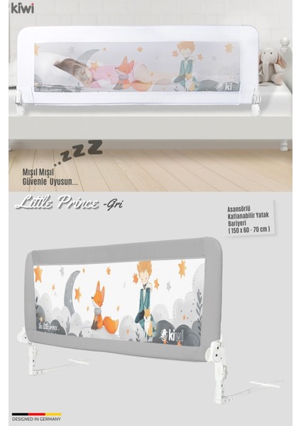 Bed Guard Asansörlü, Gri, Küçük Prens Desenli Çocuk Yatağı Korumalığı 150X60-70 cm