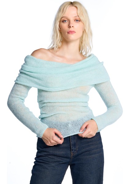 Mint Düşük Omuzlu Triko Bluz