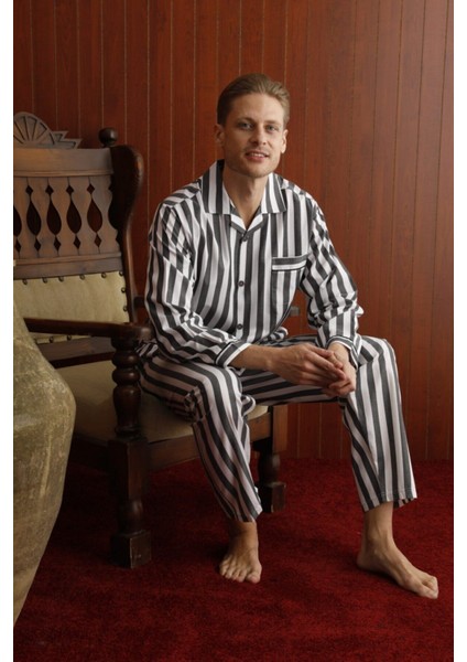 Erkek Antrasit Boy Çizgili Poplin Kumaş Pijama Takımı