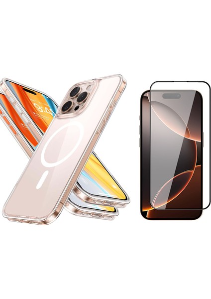 Apple iPhone 16 Pro Max Magsafe Kablosuz Şarj Destekli Sert Silikon Şeffaf Kapak ve 5d Ekran Koruyucu