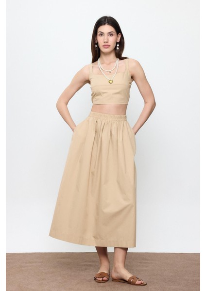 Bej %100 Cotton Volanlı Midi Etek