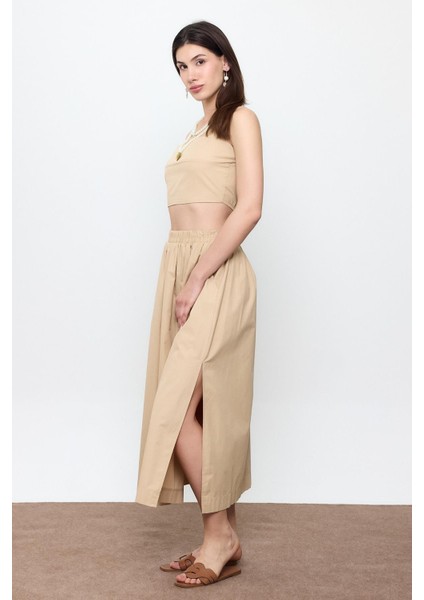 Bej %100 Cotton Volanlı Midi Etek