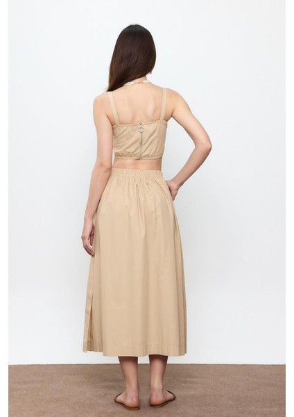 Bej %100 Cotton Volanlı Midi Etek