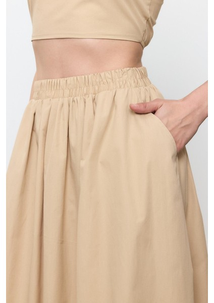 Bej %100 Cotton Volanlı Midi Etek