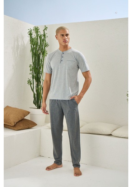 Kısa Kollu Midi Yaka %100 Pamuk Erkek Pijama Takımı - Damat Erkek Pijama Takımı