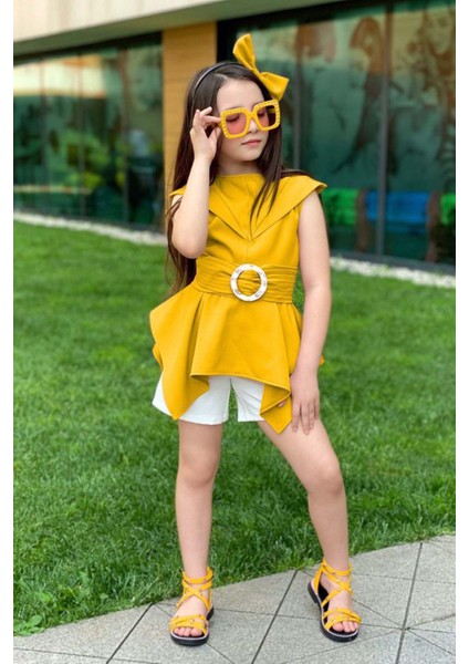 Kız Çocuk Sıfır Kol Asimetik Kesim Kemerli Sarı Tunik Şortlu Takım fiyatları