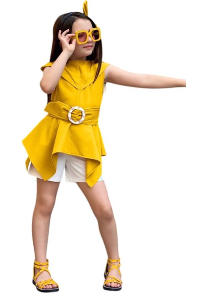 Kız Çocuk Sıfır Kol Asimetik Kesim Kemerli Sarı Tunik Şortlu Takım indirimleri