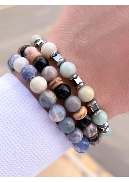 Nursaat 3 Lü Özel Tasarım Kombin Unisex Doğal Taş Bileklik Çakra, Turkuaz, Yeşim, Akik ve Sitrin