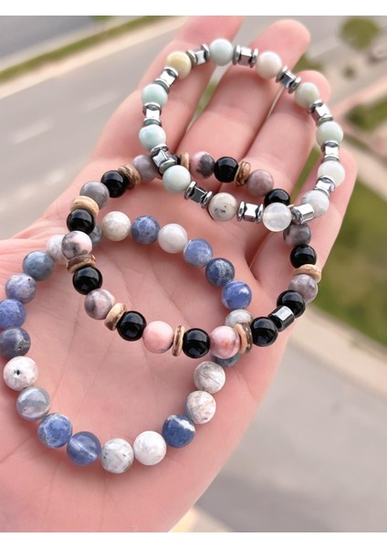 Nursaat 3 Lü Özel Tasarım Kombin Unisex Doğal Taş Bileklik Çakra, Turkuaz, Yeşim, Akik ve Sitrin modelleri