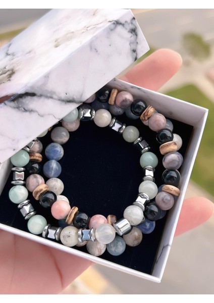 Nursaat 3 Lü Özel Tasarım Kombin Unisex Doğal Taş Bileklik Çakra, Turkuaz, Yeşim, Akik ve Sitrin fırsatları