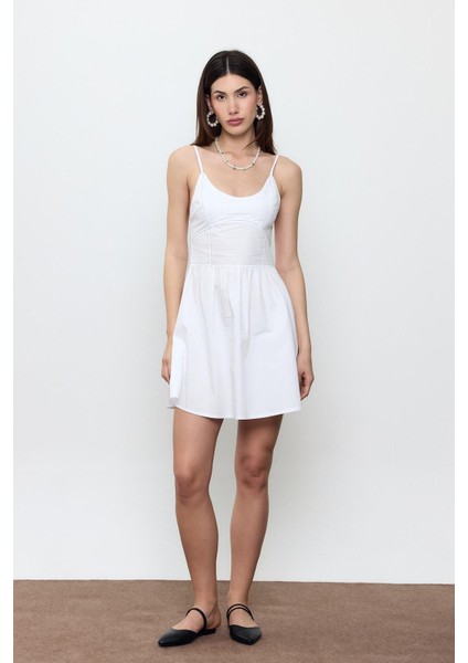 Beyaz %100 Cotton Midi Elbise