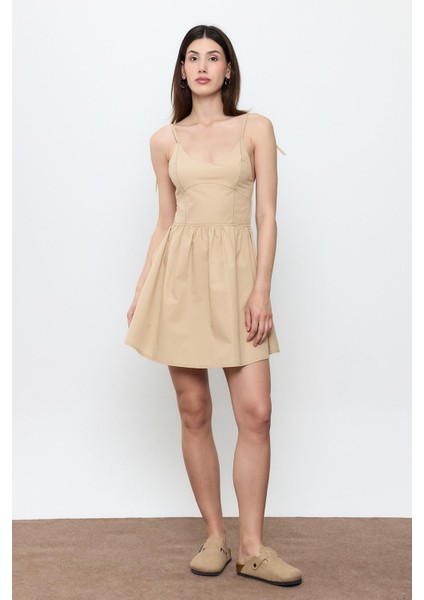 Bej %100 Cotton Mini Elbise