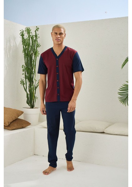 V Yaka Kısa Kollu Boydan Düğmeli Battal Büyük Beden Erkek Pijama Takımı