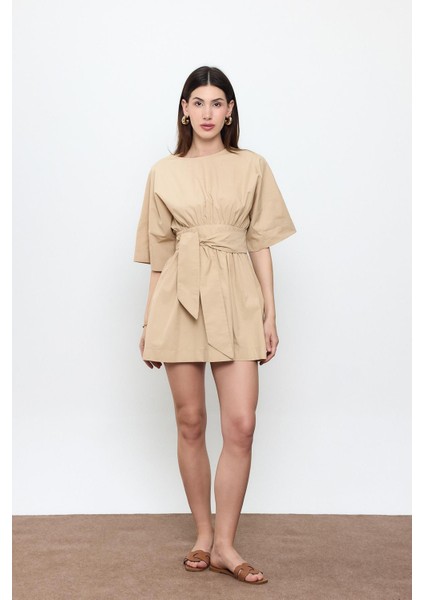 Bej %100 Cotton Beli Kemerli Mini Elbise