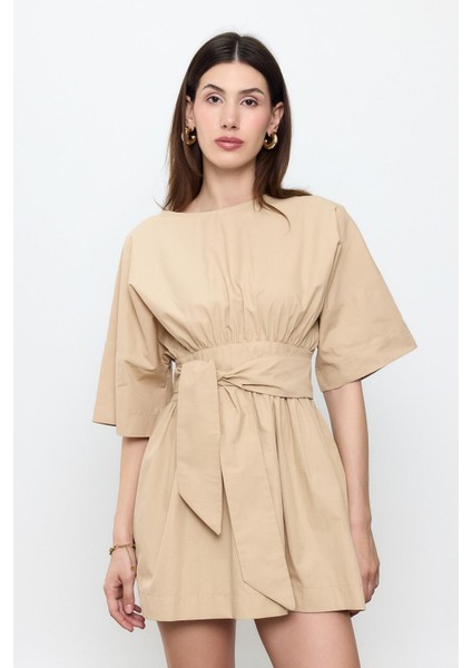 Bej %100 Cotton Beli Kemerli Mini Elbise fiyatları