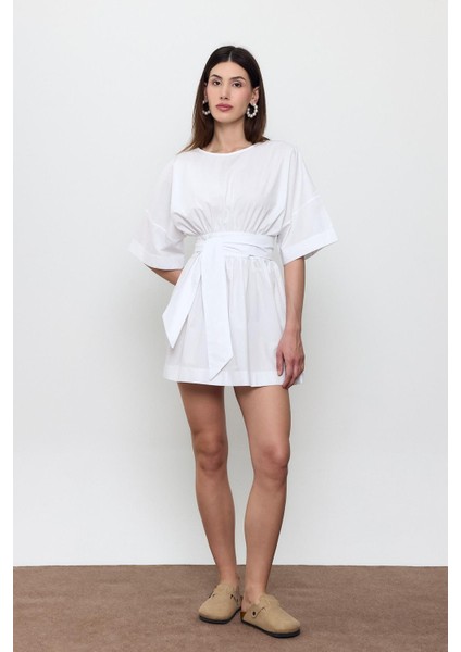 Beyaz %100 Cotton Beli Kemerli Mini Elbise