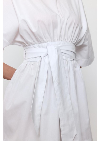Beyaz %100 Cotton Beli Kemerli Mini Elbise modelleri