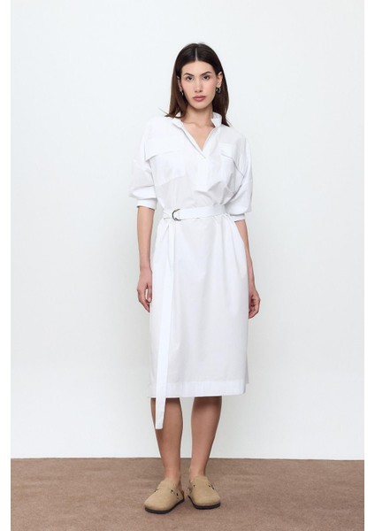 Beyaz %100 Cotton Midi Boy Gömlek Elbise