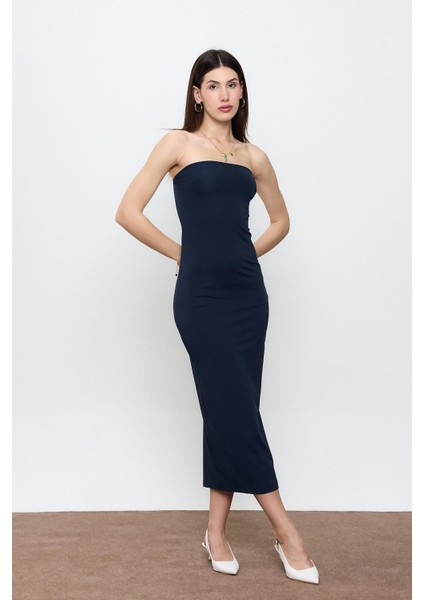 Lacivert Straplez Maxi Boy Elbise