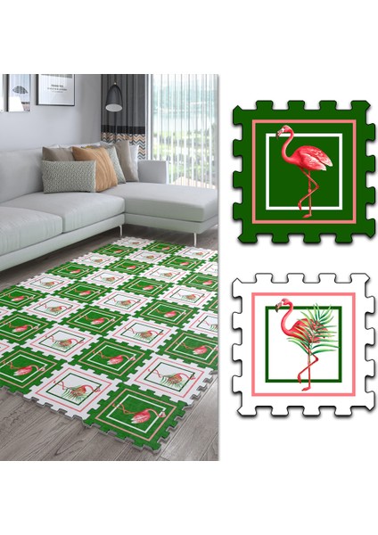 Dijital Yeşil Filamingo Desenli Mutfak-Oturma Odası-Salon Halısı/yapboz Halı/puzzle Halı/ Japon Halı