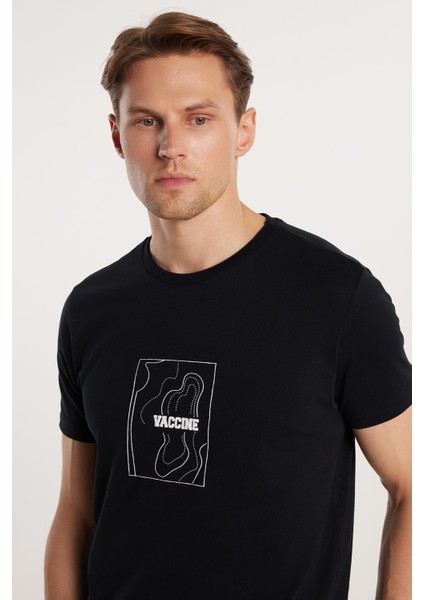 Erkek Slim Fit Dar Kesim %100 Pamuk Yumuşak Dokulu Baskılı Siyah Bisiklet Yaka Tişört
