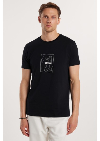 Erkek Slim Fit Dar Kesim %100 Pamuk Yumuşak Dokulu Baskılı Siyah Bisiklet Yaka Tişört fırsatları