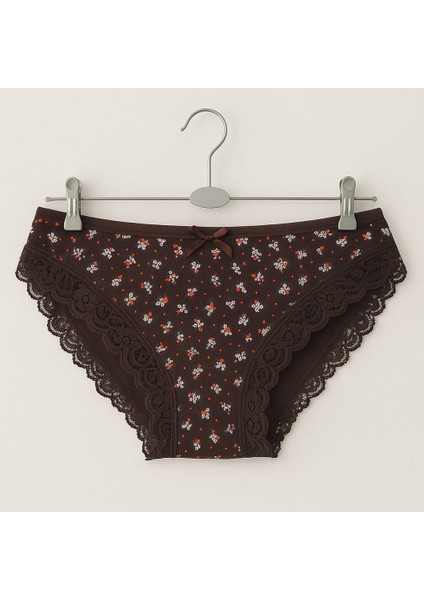 Çiçek Desenli Dantelli Kadın Külot Kahverengi