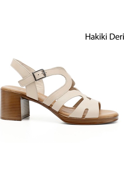 Kadın Bej Kalın Topuklu Hakiki Deri Sandalet