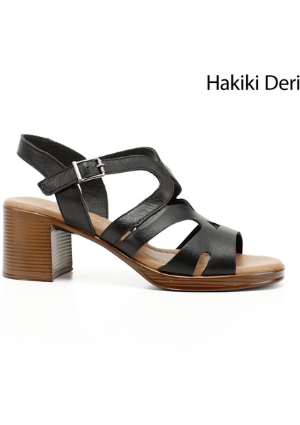 Kadın Siyah Kalın Topuklu Hakiki Deri Sandalet