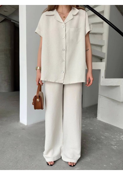 Keten Kısa Kollu Cepli Gömlek Pantolon Ikili Takım - Beyaz