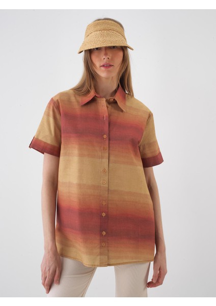 Kadın Turuncu Oversize Keten Gömlek