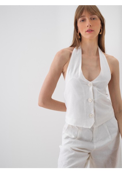 Kadın Beyaz Regular Fit Keten Yelek