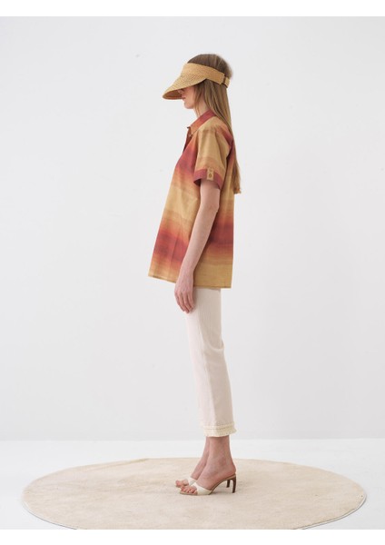 Kadın Turuncu Oversize Keten Gömlek modelleri