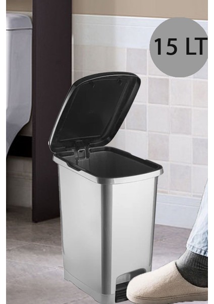 Banyo ve Mutfak Için Pedallı Plastik Çöp Kovası ( Iç Kovasız) Metalik Gri