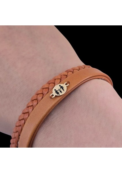 14 Ayar Plakalı Altın Kadınlara Özel Yuvarlak Figürlü Derili Sembol Bilekliği-401sembol-Kahverengi