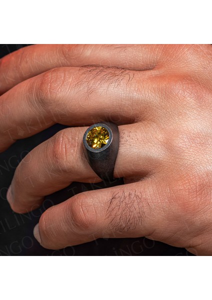 925 Ayar Gümüş Oksitli Yuvarlak Sarı Sitrin Taşlı Sade Erkek Yüzük