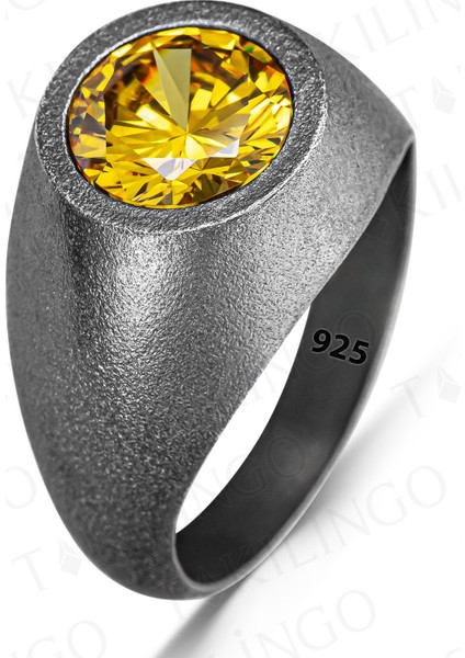 925 Ayar Gümüş Oksitli Yuvarlak Sarı Sitrin Taşlı Sade Erkek Yüzük fiyatları