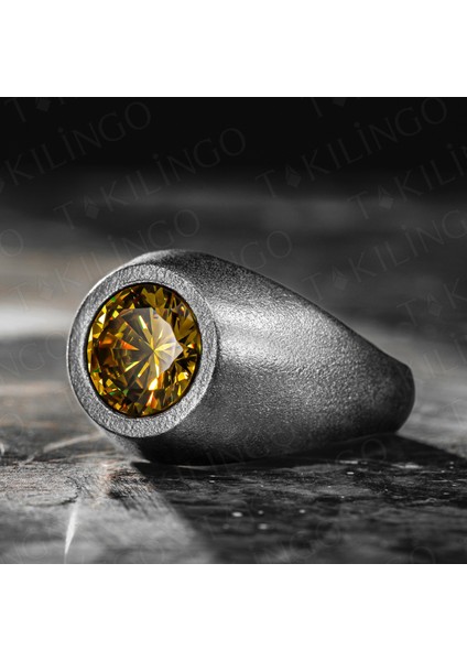 925 Ayar Gümüş Oksitli Yuvarlak Sarı Sitrin Taşlı Sade Erkek Yüzük modelleri