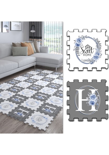 Dijital Baskılı Mor Gül Desenli Yazılı Mutfak-Oturma Odası-Salon Halısı/yapboz Halı/puzzle Halı/ Japon Halı