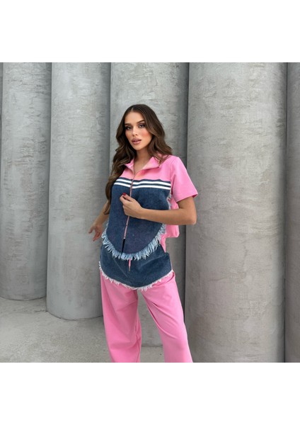 Kadın Kısa Kollu Fermuarlı Oversize Alt Üst Eşofman Takımı