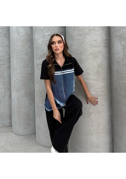 Kadın Kısa Kollu Fermuarlı Oversize Alt Üst Eşofman Takımı