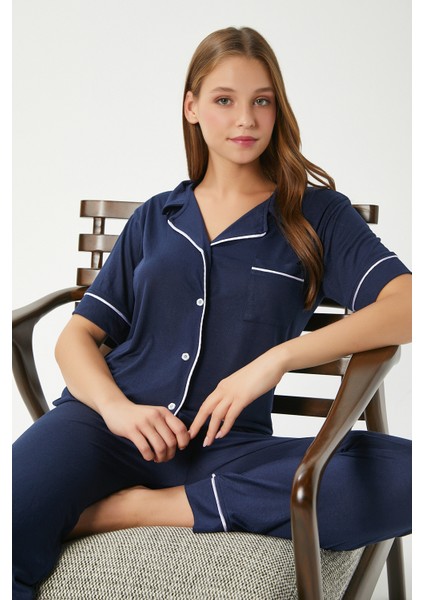 Kadın Vanessa Viskon Ön Düğmeli Kısa Kol Biyeli Lacivert Alt Üst Pijama Takımı