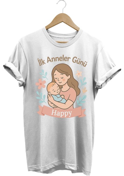 Ilk Anneler Günü Temalı Beyaz Özel Tasarım Kişiselleştirilebilir %100 Pamuk Kadın T-Shirt