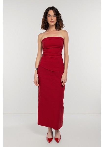 Bordo Fit Kalem Midi Etek